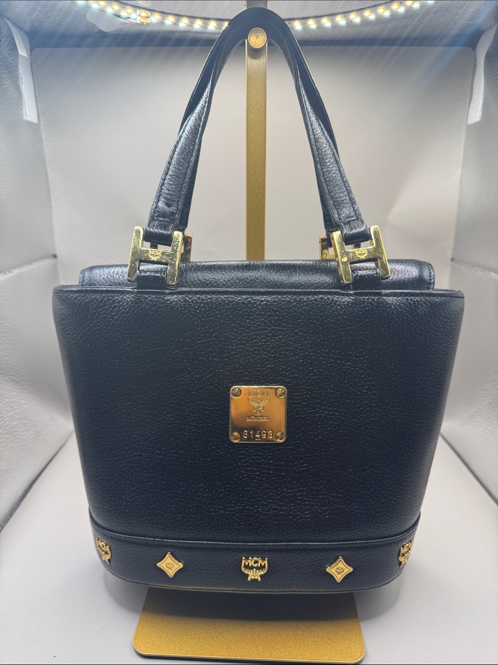 MCM Germany Vintage Black Leather Top-Handle Bag with Gold Accents